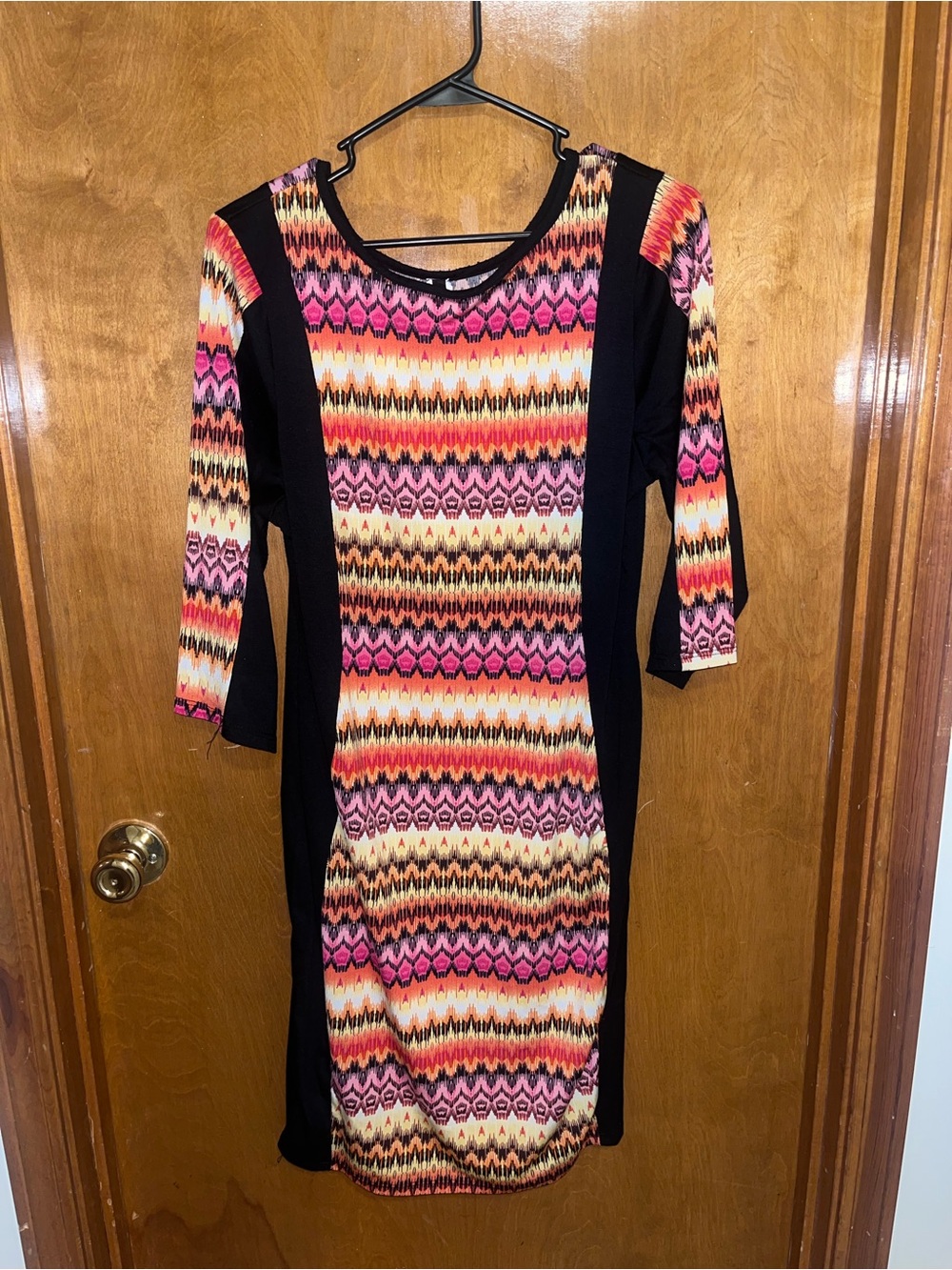 Chevron-Print Long Sleeve Dress with Black Side Panels